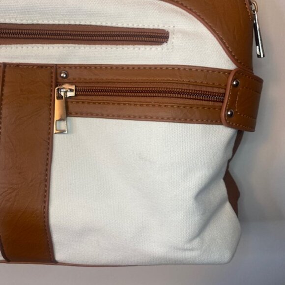 B Amici Amelia White Canvas & Tan Trimming Satchel Shoulder Bag - Picture 5 of 16